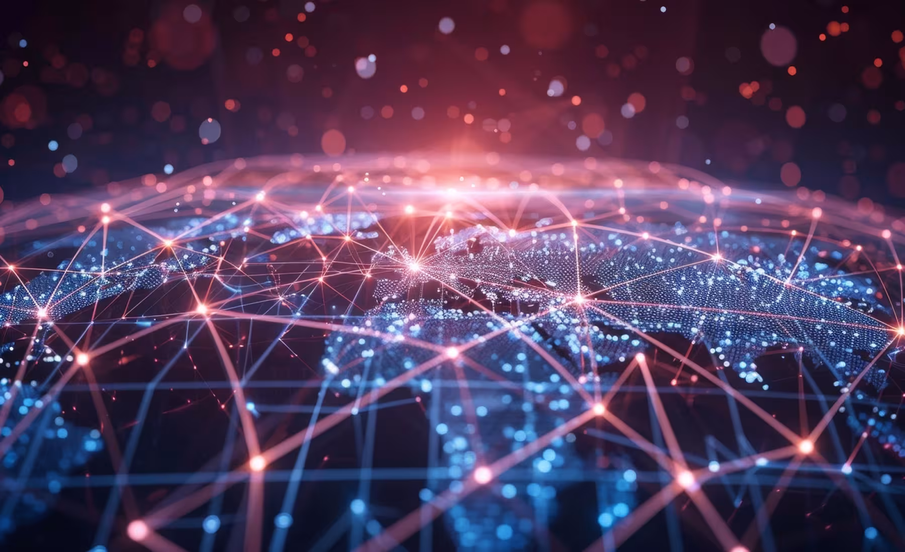 A digital rendering of a glowing, interconnected network spanning across the Earth's surface. The image highlights various global connection points with blue and red lights and lines, symbolizing a vast data or communication network. The focus appears to be on Africa, Europe, and the surrounding regions.