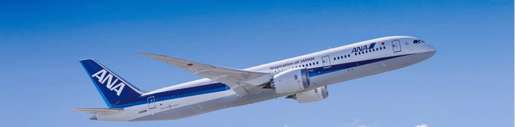 ANA passenger aircraft climbing after take-off, shown in side view against a clear blue sky with a few scattered clouds.