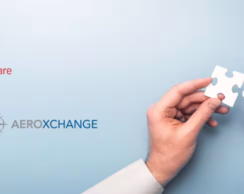 Two hands holding puzzle pieces are positioned to connect on a light blue background. The logos of Swiss Aviation Software and Aeroxchange are displayed, symbolizing a partnership. Swiss Aviation Software's logo is in red, while Aeroxchange's logo features multicolored arrows forming a compass.